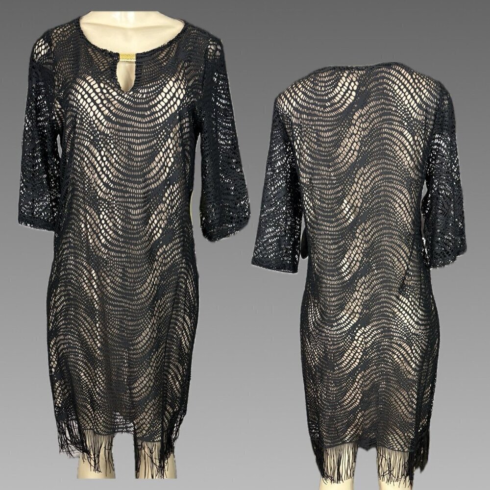 Emma & Michele M Black Openwork Nude Lined Fringe Hemline 3/4 Sleeve Knee Dress